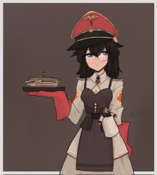 Rule 34 | 1girl, archirai, black hair, blue eyes, breasts, brown background, cleavage, cleavage cutout, closed mouth, clothing cutout, coat, food, genderswap, genderswap (mtf), glasses, gloves, highres, holding, holding tray, long hair, long sleeves, medic, medic (tf2), red gloves, red headwear, red medic (tf2), round eyewear, sandwich, simple background, solo, team fortress 2, tray, white coat