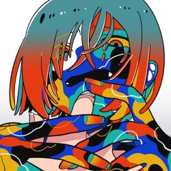 Rule 34 | 1girl, 1other, aqua eyes, aqua hair, colored sclera, colored skin, colorful, crying, crying with eyes open, eyes visible through hair, fingernails, gradient eyes, gradient hair, hair over one eye, long bangs, looking at viewer, machigami yoh, multicolored eyes, multicolored hair, multicolored skin, open mouth, original, portrait, red eyes, red hair, short hair, simple background, tears, two-tone hair, white background, yellow sclera