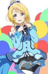 Rule 34 | 1girl, ayase eli, bad id, bad twitter id, bare shoulders, blonde hair, blue eyes, blush, clothing cutout, fingers together, highres, icehotmilktea, kira-kira sensation!, love live!, open mouth, ponytail, ribbon, scrunchie, shoulder cutout, skirt, solo, steepled fingers, thighhighs