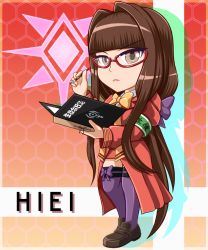 Rule 34 | 10s, 1girl, aoki hagane no arpeggio, armband, blunt bangs, bow, brown hair, character name, chibi, clipboard, exis, glasses, hair bow, hiei (aoki hagane no arpeggio), logo, long hair, looking at viewer, low ponytail, nib pen (object), pen, purple bow, purple thighhighs, red-framed eyewear, school uniform, solo, standing, thighhighs, very long hair, yellow bow