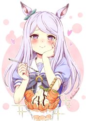Rule 34 | 1girl, absurdres, animal ears, aqua ribbon, blouse, blush, bow, closed mouth, ear ribbon, eating, food, fuusuke (fusuke208), hand on own cheek, hand on own face, heart, highres, holding, holding spoon, horse ears, horse girl, long hair, mejiro mcqueen (umamusume), puffy short sleeves, puffy sleeves, purple eyes, purple hair, purple shirt, ribbon, school uniform, shirt, short sleeves, smile, solo, sparkle, spoon, tracen school uniform, twitter username, umamusume