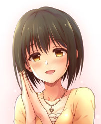 Rule 34 | 1girl, :d, black hair, blush, brown eyes, character request, collarbone, commentary request, earrings, head tilt, heart, heart necklace, idolmaster, idolmaster cinderella girls, jewelry, necklace, open mouth, own hands together, short hair, smile, solo, stud earrings, upper body, uraichishi