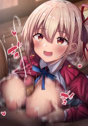 Rule 34 | 1boy, 1girl, :d, blonde hair, blush, breasts, breasts squeezed together, censored, collared shirt, cum, dress, ejaculation, grey dress, hair ribbon, heart, hetero, highres, large breasts, lycoris recoil, lycoris uniform, mosaic censoring, motion blur, neck ribbon, nipples, nishikigi chisato, open mouth, paizuri, penis, pubic hair, red dress, red eyes, red ribbon, ribbon, shiki (catbox230123), shirt, short hair, smile, solo focus, steam, sweat, two-tone dress, wooden floor