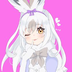 Rule 34 | 1girl, animal ears, bow, bowtie, cthun n, dress, elbow gloves, extra ears, gloves, heart, highres, kemono friends, long hair, looking at viewer, one eye closed, pink background, rabbit ears, rabbit girl, ribbon, scarf, simple background, snowshoe hare (kemono friends), solo, tongue, upper body, white hair, yellow eyes