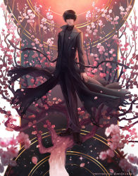 Rule 34 | 1boy, artist name, black coat, black hair, black pants, black ribbon, blurry, branch, cherry blossoms, closed mouth, coat, depth of field, expressionless, flower, full body, green eyes, highres, long sleeves, looking at viewer, pants, petals, ribbon, rubydian, short hair, solo, sparkle, standing on branch, sumeragi subaru, torn clothes, torn coat, turtleneck, watermark, web address, x (manga)