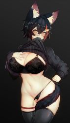 Rule 34 | 1girl, animal ears, black background, black bra, black hair, black panties, black sweater, blush, bra, breasts, cleavage, clothes in mouth, clothes lift, cowboy shot, glasses, hair between eyes, highres, hololive, huge breasts, large breasts, lifting own clothes, long sleeves, looking at viewer, mouth hold, multicolored hair, ookami mio, panties, red hair, shirt in mouth, short hair, side-tie panties, solo, standing, streaked hair, sweater, sweater lift, tail, thigh strap, turtleneck, turtleneck sweater, underwear, untied panties, varniskarnis, virtual youtuber, wolf ears, wolf girl, wolf tail, yellow eyes