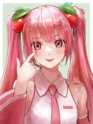 Rule 34 | 1girl, :p, blush, border, cherry hair ornament, closed mouth, commentary request, detached sleeves, food-themed hair ornament, green background, hair ornament, hatsune miku, highres, ishiyuki, long hair, looking at viewer, necktie, pink eyes, pink hair, pink necktie, sakura miku, shirt, simple background, sleeveless, sleeveless shirt, solo, tongue, tongue out, twintails, upper body, very long hair, vocaloid, white border