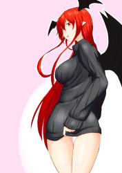 Rule 34 | 1girl, :p, alternate costume, bat wings, breasts, head wings, highres, koakuma, large breasts, long hair, looking back, naked sweater, niwatazumi, pointy ears, red eyes, red hair, ribbed sweater, smile, solo, sweater, tongue, tongue out, touhou, wings