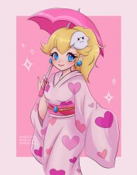 Rule 34 | 1girl, blonde hair, blue eyes, blush, boo (mario), breasts, character hair ornament, chellyko, earrings, gem, hair ornament, heart, heart print, highres, holding, japanese clothes, jewelry, kimono, long hair, long sleeves, looking at viewer, mario (series), mario kart, mario kart tour, medium breasts, nintendo, obi, pink background, pink kimono, ponytail, princess peach, print kimono, sash, smile, sparkle, standing, umbrella, wide sleeves