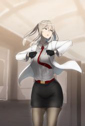 Rule 34 | &gt;:o, 10s, 1girl, :o, belt, black gloves, black pantyhose, black skirt, blazer, cowboy shot, gloves, graf zeppelin (kancolle), hair between eyes, half gloves, hayabusa, highres, indoors, jacket, kantai collection, long hair, looking to the side, necktie, open clothes, open jacket, pantyhose, parted lips, pencil skirt, red necktie, silver hair, skirt, solo, twintails, v-shaped eyebrows