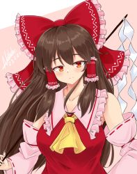 Rule 34 | 1girl, absurdres, ascot, bow, brown hair, closed mouth, dated, detached sleeves, frilled bow, frilled hair tubes, frills, gohei, hair bow, hair tubes, hakurei reimu, highres, holding, long hair, looking at viewer, natch imaycz, nontraditional miko, pink background, red bow, red eyes, red ribbon, red shirt, ribbon, ribbon-trimmed sleeves, ribbon trim, shide, shirt, sidelocks, signature, smile, solo, standing, touhou, upper body, wide sleeves, yellow ascot