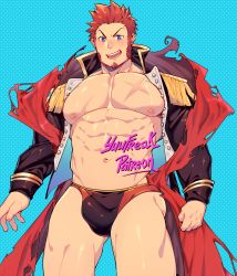 Rule 34 | 1boy, abs, bara, blue eyes, blush, briefs, brown hair, bulge, cape, collar, cowboy shot, epaulettes, facial hair, fate/grand order, fate (series), fringe trim, goatee, highres, jacket, large pectorals, long sideburns, long sleeves, looking at viewer, male focus, male underwear, manly, military, military uniform, muscular, napoleon bonaparte (fate), navel, nipples, open clothes, open jacket, open mouth, paid reward available, patreon username, pectorals, scar, short hair, sideburns, smile, solo, thick thighs, thighs, torn cape, torn clothes, unbuttoned, underwear, uniform, yuufreak