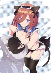Rule 34 | 1boy, 1girl, animal ears, animal hands, asobi night, bare shoulders, black bra, black panties, black ribbon, black thighhighs, blue eyes, blush, bra, bra pull, breast press, breasts, brown hair, cat ears, cat tail, cleavage, closed mouth, clothes pull, colorized, commentary, cowboy shot, curvy, dakimakura (medium), english commentary, eyelashes, fake animal ears, fake tail, frilled bra, frilled panties, frilled thighhighs, frills, from above, garter straps, gluteal fold, go-toubun no hanayome, hair between eyes, hair over one eye, hair ribbon, headphones, headphones around neck, highres, hugging object, large breasts, lips, long hair, looking at viewer, maid, mixed-language commentary, monochrome, nakano miku, panties, polka dot, polka dot background, pulling own clothes, ribbon, sawada kou, simple background, smile, solo, spanish commentary, spanish text, tail, thigh gap, thighhighs, thighs, twitter username, uesugi fuutarou, underwear, upturned eyes, white background
