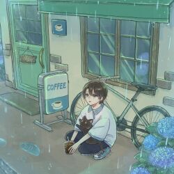 Rule 34 | 1boy, :o, bicycle, black cat, black hair, black pants, blue flower, blue footwear, brown eyes, cafe, cat, collared shirt, commentary request, commission, cup, disposable cup, door, drink, drinking straw, flower, hair between eyes, highres, holding, holding cup, holding drink, hydrangea, male focus, open mouth, open sign, original, outdoors, pants, polo shirt, port (portzzz), puddle, rain, shirt, shoes, short hair, short sleeves, sign, sneakers, solo, squatting, white shirt, window, wing collar