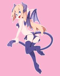 Rule 34 | 1girl, ass, bat wings, blonde hair, blue eyes, breasts, demon girl, demon tail, fang, female focus, frfr, full body, open mouth, original, pink background, simple background, solo, tail, thighhighs, wings