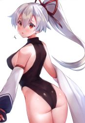 Rule 34 | 1girl, absurdres, ass, bare shoulders, black leotard, breasts, fate/grand order, fate (series), heattech leotard, high ponytail, highres, leotard, long hair, looking at viewer, looking back, medium breasts, open mouth, ponytail, red eyes, scan, simple background, sleeveless, solo, suzuho hotaru, thighs, tomoe gozen (fate), turtleneck, white background
