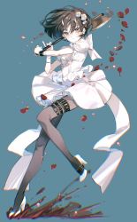 Rule 34 | 1girl, action, axe, black eyes, black hair, black pantyhose, blue background, breasts, chromatic aberration, closed mouth, clothes lift, dress, earrings, expressionless, flower, full body, gloves, hair between eyes, hair flower, hair ornament, high heels, highres, jewelry, leg up, looking at viewer, medium hair, motion blur, original, pantyhose, petals, puffy sleeves, rumoon, short dress, short sleeves, simple background, single glove, skirt, skirt lift, small breasts, solo, thigh strap, tsurime, white dress, white footwear, white gloves
