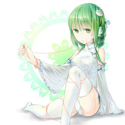 Rule 34 | 1girl, airrabbityan, ary, china dress, chinese clothes, detached sleeves, dress, female focus, flower, frog, green hair, hair flower, hair ornament, hair tubes, kochiya sanae, leg up, mouth hold, panties, ribbon, ribbon in mouth, sitting, smile, snake, solo, string, string of fate, thighhighs, touhou, traditional media, underwear, watercolor pencil (medium), white panties, white thighhighs