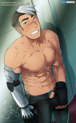 Rule 34 | 1boy, abs, bulge, gloves, grelx, groping, highres, hyakujuu-ou golion, male focus, multicolored hair, muscular, pectorals, scar, solo, takashi shirogane, topless male, voltron
