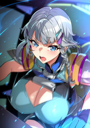Rule 34 | 1girl, armor, blue eyes, braid, breasts, cleavage, cleavage cutout, clothing cutout, cockpit, gloves, grey hair, hair ornament, hairclip, highres, large breasts, looking at viewer, open mouth, senri gan, seolla schweizer, short hair, shoulder armor, side braid, super robot wars, super robot wars original generation