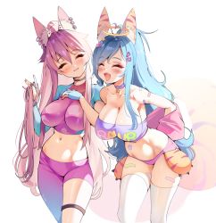 Rule 34 | 2girls, animal ears, bandages, bare shoulders, beyumi, blue hair, blush, breasts, choker, cleavage, clothing cutout, colorful, crop top, ear piercing, closed eyes, fingerless gloves, gloves, halo, hand on own chest, large breasts, leaning forward, multiple girls, navel, navel cutout, original, piercing, pink hair, playing with own hair, short shorts, shorts, sleeveless, smile, tail, thigh strap, thighhighs, thighs, white legwear