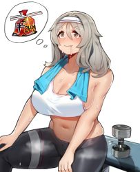 Rule 34 | 1girl, bad id, bad pixiv id, blush, breasts, brown eyes, chopsticks, closed mouth, collarbone, drooling, dumbbell, fang, food, girls&#039; frontline, grey hair, hair between eyes, hairband, k3 (girls&#039; frontline), large breasts, medium hair, navel, noodles, pack noodles, ramen, saru (monkey magic3), short eyebrows, simple background, sitting, smile, solo, steam, stomach, sweat, thinking, tight clothes, white background