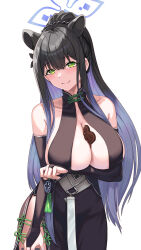 Rule 34 | 1girl, animal ears, black dress, black hair, blue archive, blue halo, blush, breasts, bridal gauntlets, center opening, china dress, chinese clothes, chocolate, cleavage, closed mouth, dress, extra ears, green eyes, halo, highres, jamgom, large breasts, long hair, looking at viewer, shun (blue archive), simple background, smile, solo, white background