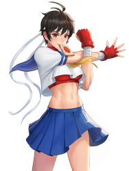 Rule 34 | 1girl, absurdres, bandages, blue skirt, bread slice, breasts, brown eyes, brown hair, food, food in mouth, gloves, headband, highres, holding, jam, kasugano sakura, looking at viewer, medium breasts, midriff, mouth hold, navel, pleated skirt, sailor collar, school uniform, short hair, short sleeves, simple background, skirt, smile, solo, stomach, street fighter, street fighter zero (series), taejoo lee, toast, toast in mouth