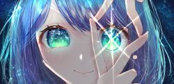 Rule 34 | 1girl, absurdres, blue eyes, blue hair, blush, close-up, closed mouth, commentary, double v, eye focus, hair between eyes, highres, kurokawa akane, lens flare, looking at viewer, mismatched pupils, no pupils, oshi no ko, parted bangs, portrait, smile, solo, star-shaped pupils, star (symbol), symbol-shaped pupils, toomeirro, v, v over eye