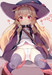 Rule 34 | 1girl, bag, black thighhighs, blonde hair, blush, buttons, double-breasted, dress, hairband, hat, highres, leaning back, little witch nobeta, long hair, navel, nobeta, open mouth, panties, red eyes, shoulder bag, sitting, solo, tears, tentacles, teranekosu, thighhighs, underwear, very long hair, white panties, witch hat