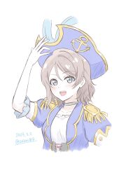 Rule 34 | 1girl, aziazi014, black choker, blue eyes, blue hat, blue jacket, blush, choker, collarbone, commentary request, cropped torso, dated, epaulettes, grey hair, hat, highres, jacket, looking at viewer, love live!, love live! sunshine!!, open mouth, pirate hat, puffy short sleeves, puffy sleeves, shirt, short hair, short sleeves, sidelocks, solo, twitter username, watanabe you, white background, white shirt, you (genjitsu no yohane)