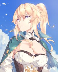 Rule 34 | 1girl, ark ford, artist name, blonde hair, blue eyes, blue sky, breasts, cape, cleavage, cloud, from behind, from side, genshin impact, green cape, highres, jean (genshin impact), looking to the side, medium breasts, petals, ponytail, sky, solo, upper body