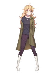 Rule 34 | 1girl, ahoge, alternate costume, black sweater, blonde hair, blush, boots, bow, braid, casual, closed mouth, coat, du mogu, green bow, green coat, hair bow, hand in pocket, highres, jewelry, kirisame marisa, knee boots, legs apart, long hair, long sleeves, looking at viewer, necklace, no headwear, off shoulder, open clothes, open coat, pants, pendant, pigeon-toed, purple pants, simple background, solo, standing, sweater, touhou, white background, white footwear, yellow eyes