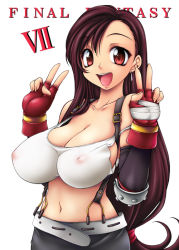 Rule 34 | 1990s (style), 1girl, bad id, bad pixiv id, breasts, brown hair, copyright name, final fantasy, final fantasy vii, fingerless gloves, gloves, huge breasts, impossible clothes, impossible shirt, long hair, low-tied long hair, navel, onizuka takuto, retro artstyle, see-through, shirt, skirt, suspender skirt, suspenders, tifa lockhart, v