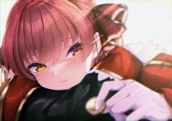 Rule 34 | 1girl, black sleeves, blurry, blurry background, blurry foreground, buttons, commentary request, gloves, hair ribbon, hand on own shoulder, head on arm, heterochromia, highres, holding, hololive, houshou marine, kakikurui, light smile, looking at viewer, red eyes, red hair, ribbon, shaded face, short hair, solo, virtual youtuber, white background, white gloves, yellow eyes