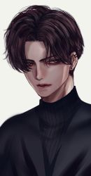 Rule 34 | 1boy, black sweater, brown hair, closed mouth, ear piercing, earrings, highres, hoshi san 3, jewelry, lipstick, looking at viewer, makeup, male focus, orange eyes, original, parted bangs, piercing, red lips, short hair, simple background, solo, sweater, upper body, white background