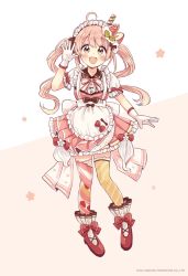 Rule 34 | 1girl, :d, ahoge, apron, asymmetrical legwear, black bow, blush, bow, brown background, brown eyes, collared shirt, diagonal-striped legwear, food-themed hair ornament, frilled apron, frills, full body, gloves, hair ornament, hand up, highres, long hair, looking at viewer, maid headdress, mismatched legwear, open mouth, original, personification, pink hair, pink skirt, pleated skirt, puffy short sleeves, puffy sleeves, red bow, red footwear, sakura oriko, shirt, shoes, short sleeves, skirt, smile, solo, strawberry hair ornament, striped clothes, striped thighhighs, thighhighs, twintails, two-tone background, very long hair, watermark, white apron, white background, white gloves, white shirt