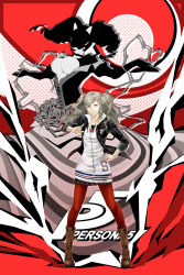 Rule 34 | 10s, 1girl, arkatopia, blonde hair, blue eyes, boots, breasts, brown footwear, carmen (persona 5), cigarette, cross-laced footwear, earrings, flower, hair ornament, hairclip, highres, jewelry, lace-up boots, large breasts, pantyhose, persona, persona 5, red background, red pantyhose, rose, school uniform, skirt, takamaki anne, twintails