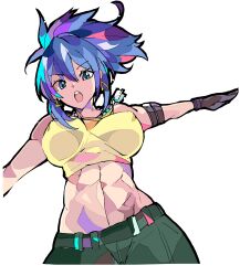 Rule 34 | 1girl, absurdres, armlet, blue eyes, blue hair, camouflage, camouflage pants, cargo pants, dog tags, earrings, enpe, gloves, highres, jewelry, leona heidern, pants, ponytail, simple background, snk, solo, tank top, the king of fighters, the king of fighters xv, triangle earrings, white background, yellow tank top