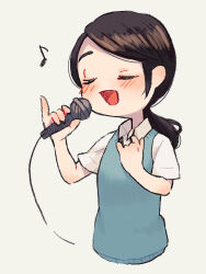 Rule 34 | 1girl, blue sweater vest, blush, collared shirt, cropped torso, facing ahead, grey background, holding, holding microphone, itsushima chisato, long hair, microphone, music, musical note, open mouth, pinky out, ponytail, shifumame, shirt, short sleeves, singing, solo, sweater vest, twilight syndrome, white shirt