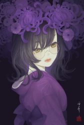 Rule 34 | 1girl, black background, black hair, commentary request, flower, from side, glasses, hair between eyes, highres, japanese clothes, kikumon, kimono, looking at viewer, looking to the side, medium hair, obi, original, purple flower, purple kimono, purple sash, purple theme, round eyewear, sash, seal impression, signature, solo, upper body, ushiyama ame, yellow eyes