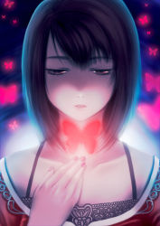 Rule 34 | 1girl, amakura mio, black hair, brown eyes, bug, butterfly, fatal frame, fatal frame 2, glowing, hand on own chest, highres, bug, lace, lace-trimmed shirt, lace trim, lips, shirt, short hair, sigematu-yomogi, solo, spoilers, yomogi (sigematu-yomogi)