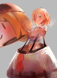 Rule 34 | 1girl, absurdres, blonde hair, blue eyes, highres, hololive, hololive english, hyde (tabakko), mascot costume, midriff, navel, shirt, short hair, simple background, smile, smol ame, solo, steaming body, sweat, tied shirt, upper body, virtual youtuber, watson amelia, wet, wet clothes, wet shirt