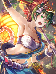 Rule 34 | 1girl, absurdres, armpits, bandeau, breasts, chest sarashi, clear glass (mildmild1311), collarbone, commentary request, fire emblem, fire emblem: the blazing blade, fire emblem heroes, green eyes, green hair, hair between eyes, hair ornament, highres, holding, holding polearm, holding weapon, japanese clothes, lantern, long hair, looking at viewer, lyn (fire emblem), lyn (flame) (fire emblem), mask, mask on head, medium breasts, midriff, navel, nintendo, official alternate costume, open mouth, outstretched arm, polearm, ponytail, sarashi, stomach, strapless, sweat, tube top, upper body, weapon