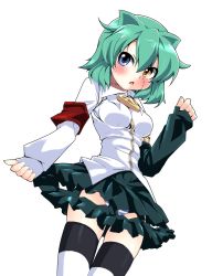 Rule 34 | 1girl, animal ears, bad id, bad pixiv id, black thighhighs, blouse, blue panties, breasts, breasts apart, collared shirt, cowboy shot, emilia (nichoume rojiura tantei kitan), green hair, grune, hair between eyes, heterochromia, highres, legs together, miniskirt, nichoume rojiura tantei kitan, panties, pantyshot, parted bangs, patch, scar, scar on neck, shirt, short hair, simple background, skirt, solo, standing, stitched neck, stitches, striped clothes, striped panties, striped thighhighs, thighhighs, underwear, upskirt, white background, white shirt, white thighhighs