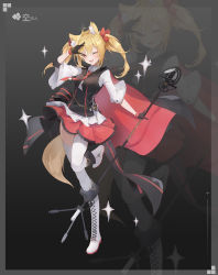 Rule 34 | 1girl, animal ears, arknights, black gloves, black vest, blonde hair, boots, bow, cape, character name, collared shirt, commentary, fang, frilled skirt, frills, full body, gloves, hair bow, highres, holding, holding microphone stand, long hair, looking at viewer, maipianvale, microphone, microphone stand, necktie, one eye closed, open mouth, red bow, red cape, red eyes, red necktie, red skirt, salute, shirt, sidelocks, skirt, solo, sora (arknights), standing, standing on one leg, tail, twintails, vest, white footwear, white legwear, white shirt, wolf ears, wolf girl, wolf tail, zoom layer