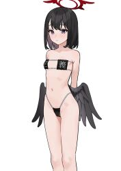 Rule 34 | 1girl, :&lt;, absurdres, alternate costume, angel, angel wings, arms behind back, bare arms, bare shoulders, bikini, black bikini, black hair, black wings, blue archive, blush, breasts, closed mouth, commentary request, cowboy shot, eyepatch bikini, feathered wings, fffukuzawa, groin, hair between eyes, halo, highleg, highleg bikini, highres, long hair, looking at viewer, low wings, mashiro (blue archive), medium hair, navel, paid reward available, purple eyes, ribbon, simple background, small breasts, solo, standing, stomach, string bikini, swimsuit, white background, wings