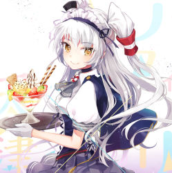Rule 34 | 10s, 1girl, adapted costume, amatsukaze (kancolle), ascot, brown eyes, capelet, corset, food, fruit, gloves, hair tubes, ice cream, kantai collection, long hair, maid headdress, puffy short sleeves, puffy sleeves, reika (clovia studio), shirt, short sleeves, silver hair, skirt, smile, solo, strawberry, sundae, tray, two side up, very long hair, wafer stick, waitress, white gloves