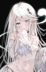 Rule 34 | 1girl, bare shoulders, black panties, blush, breasts, collar, covered navel, dress, ghost girl, green eyes, hair ornament, hand on own face, heterochromia, highres, kakao rantan, long hair, long sleeves, looking at viewer, original, panties, purple eyes, see-through, simple background, sleeves past wrists, small breasts, smile, solo, torn clothes, underwear, white dress, white hair