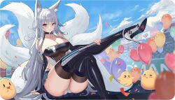 Rule 34 | 1girl, animal ears, azur lane, bare shoulders, black footwear, black gloves, blue eyes, boots, breasts, choker, cleavage, collarbone, elbow gloves, fox ears, fox girl, fox tail, full body, gloves, high heels, large breasts, latex, leg up, leotard, long hair, looking at viewer, miniskirt, official alternate costume, otakueden1995, panties, pantyshot, pink nails, pleated skirt, race queen, shinano (azur lane), shinano (moonlit chrome) (azur lane), skirt, smile, tail, thigh boots, thighs, underwear, very long hair, white hair
